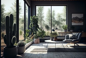 Modern interior space with nature view 3d render There are large window look out to see the garden view,sunlight shining into the room. Generative AI