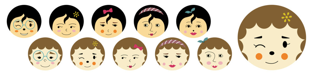 Feminine look, abstract personage, mascot design, funny face, cute icon.