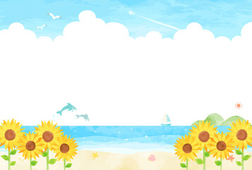 Obraz na płótnie Canvas 可愛い手描きの夏の海の風景イラスト