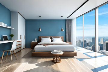 A bedroom with a blue wall that says the bed is in a room with a large window.