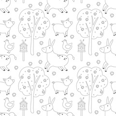 Sewing fabric with Vector black and white seamless pattern with farm ...