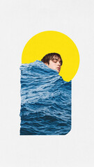 Contemporary art collage with sleeping man, guy with ocean instead of blanket and sun instead of...