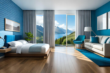 A bedroom with a view of a mountain and a blue wall
