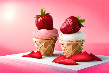 Two cup ice cream with a strawberry on top are on a pink background.