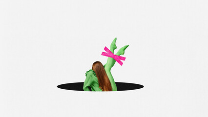 Contemporary art collage with body of girl falling down in portal over white background. Creative design © Lustre Art Group 