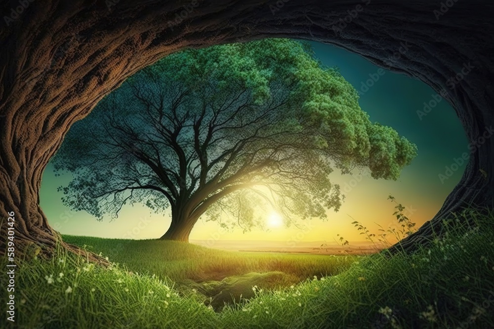 Poster the sun shines on a grassy field in front of a towering tree. generative ai