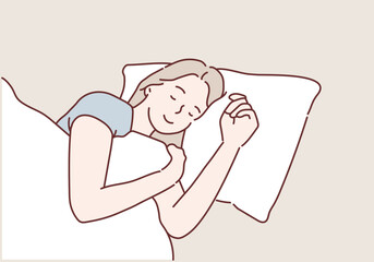 Young woman sleeping on the bed Portrait of beautiful woman lying on comfortable bed holding pillow with white bedding in bright bedroom. Hand drawn style vector design illustrations.