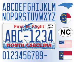 North Carolina car license plate pattern, letters, numbers and symbols, vector illustration, USA