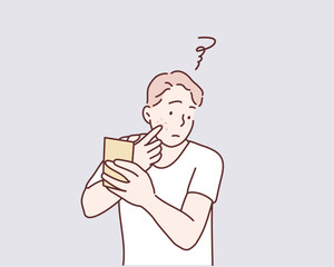 Young man with acne problem looking in mirror. Hand drawn style vector design illustrations.