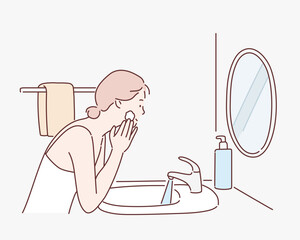 Woman Using Cosmetic Cleansing Gel or Facial Wash to Clean Her Face. Hand drawn style vector design illustrations.