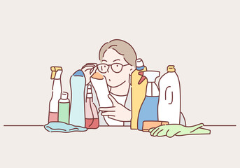 Woman scans the composition of Detergent. Hand drawn style vector design illustrations.