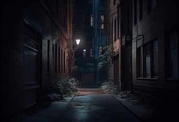 Naklejka na ściany i meble Dark abandoned alley at night downtown Chicago. Generative AI