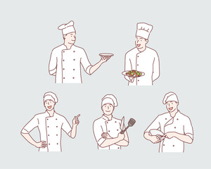 Chief cooking character. Hand drawn style vector design illustrations.