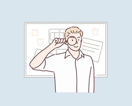 Businessman with magnifying glass. Hand drawn style vector design illustrations.