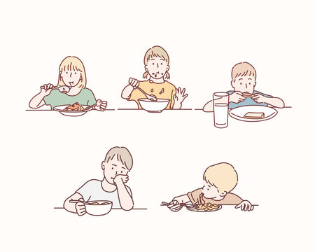 Group of Kids on the dining table. Hand drawn style vector design illustrations.