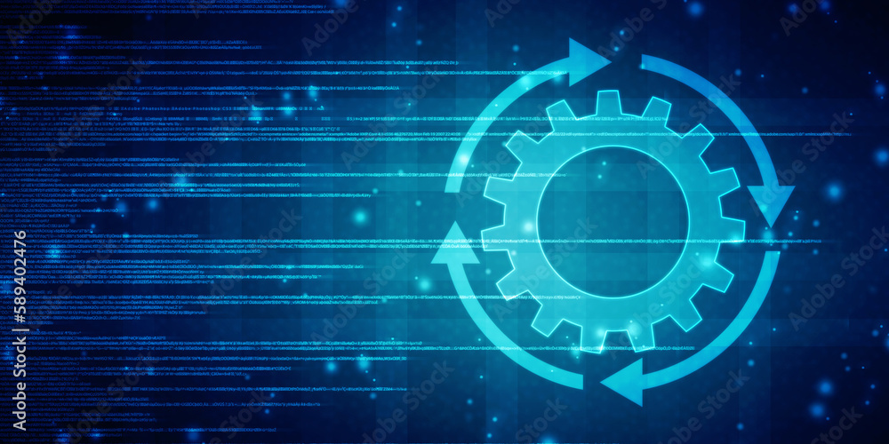 Poster update icon with binary codes on technology abstract background, update system upgrade software vers