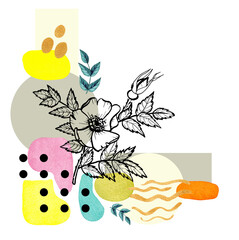 Collage of watercolor stains, geometric shapes, watercolor twigs, flower strokes