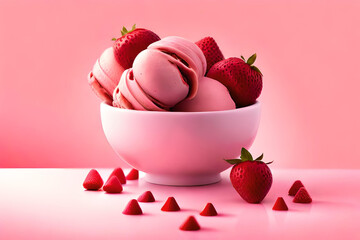 A bowl of strawberry ice cream with a pink background