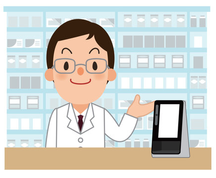 顔認証付きカードリーダーを案内する薬剤師さん
