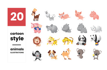 Pack of 20 cartoon style animals illustrations in vector