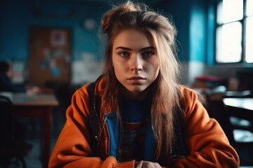 Serious beautiful female high school student looking at the camera. generative ai