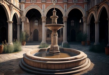 Fototapeta na wymiar Medieval Courtyard Fountain: Epic Cinematic Composition with Unreal Engine 5 Ultra-Wide Angle and Hyper-Detailed Architecture in Italy's Gothic City , Generative ai