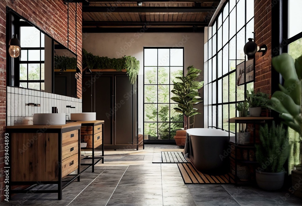 Wall mural Industrial loft style bathroom 3d render,There are white brick wall and polished concrete floor decorate with black steel tube,Furnished wood furniture. Generative AI