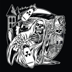 grim reaper in a state of war Black and White illustration