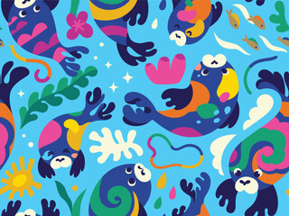 Fototapeta na wymiar Seamless winter pattern with cute seals characters with splashes, seaweed, corals and fishes for kids
