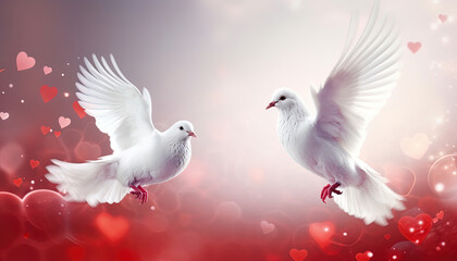 Close up two loving white doves flying on blurred background of red hearts
