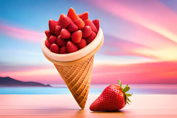 A strawberry ice cream cone with a pink background and a blue sky in the background.