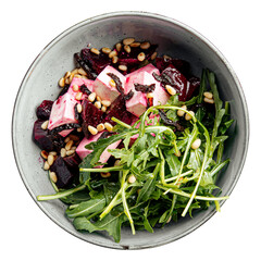 Portion of fresh healthy beet salad with arugula