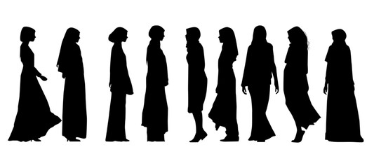 silhouette of muslim hijab woman female vector. set of silhouette of muslim hijab woman female vector full body. silhouette of muslim hijab woman female girl  