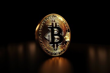 A glowing golden bitcoin floating in the darkness - obrazy, fototapety, plakaty