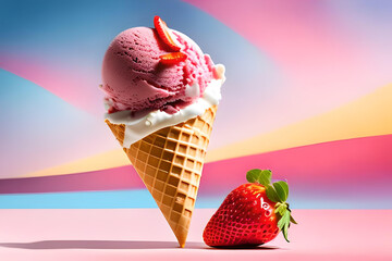 A pink ice cream cone with a strawberry on top