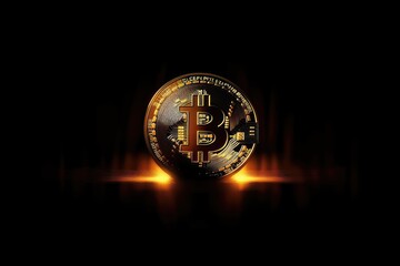 A glowing golden bitcoin floating in the darkness