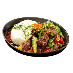 Portion of asian style meat with rice and vegetables