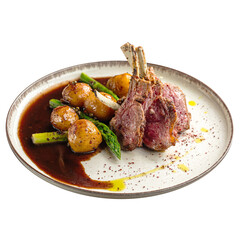 Portion of gourmet racks of lamb with potato and asparagus