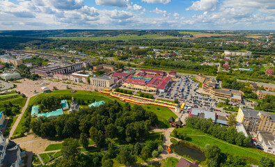 Fototapeta na wymiar Dmitrov, Russia - August 19, 2020: City center. Fair and market. Aerial view