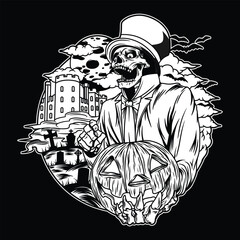 Skull and Pumpkin on halloween Black and White illustartion