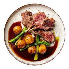 Portion of gourmet racks of lamb with potato and asparagus