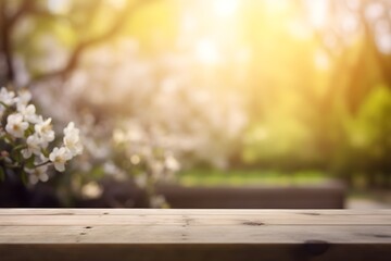 Empty table in front of blurred Garden of spring background. Generative AI