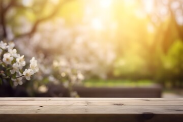 Empty table in front of blurred Garden of spring background. Generative AI