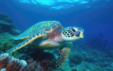 Obraz na płótnie Canvas Green turtle underwater in ocean, Generative AI