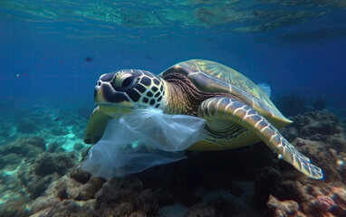 Fototapeta na wymiar Close-up of turtle underwater in ocean eating plastic bag, Generative AI