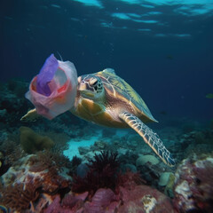 Fototapeta na wymiar Green turtle underwater in ocean getting ready to eat plastic bag, Generative AI