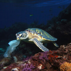 Obraz na płótnie Canvas Green turtle underwater in ocean eating plastic bag, Generative AI