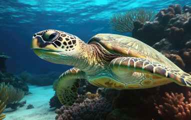 Naklejka na ściany i meble Close -up of green turtle underwater in ocean looking at camera, Generative AI