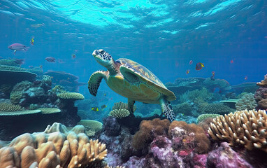 Fototapeta na wymiar Green turtle underwater in ocean looking at camera, Generative AI