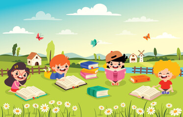 Obraz na płótnie Canvas Children Reading Book At Nature